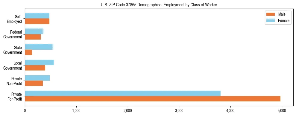 Horizontal bar chart showing employment distribution by class of worker and gender in US ZIP Code 37865, based on 2023 ACS data.