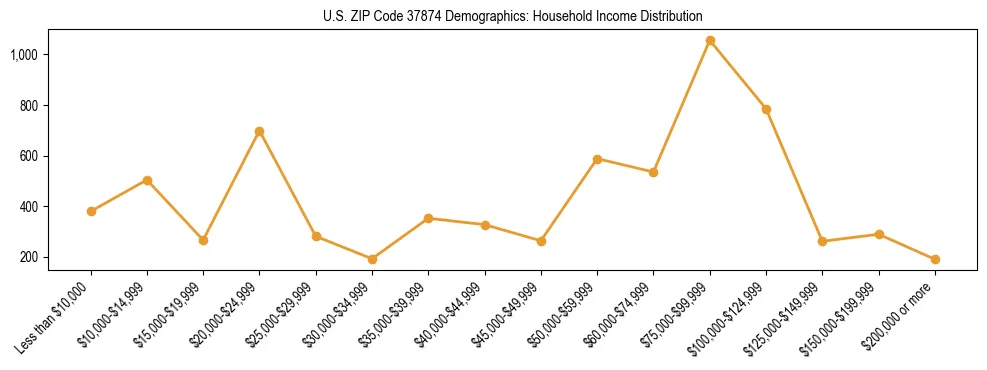 Horizontal bar chart showing household income distribution in US ZIP Code 37874.