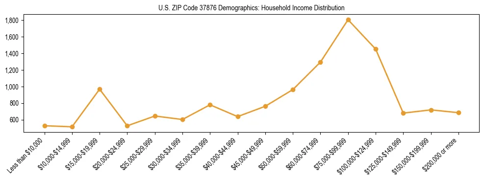 Horizontal bar chart showing household income distribution in US ZIP Code 37876.