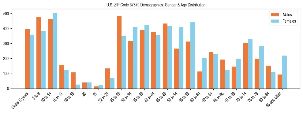 Bar chart showing the population distribution of US ZIP Code 37879 by age group and gender, based on 2023 ACS data.