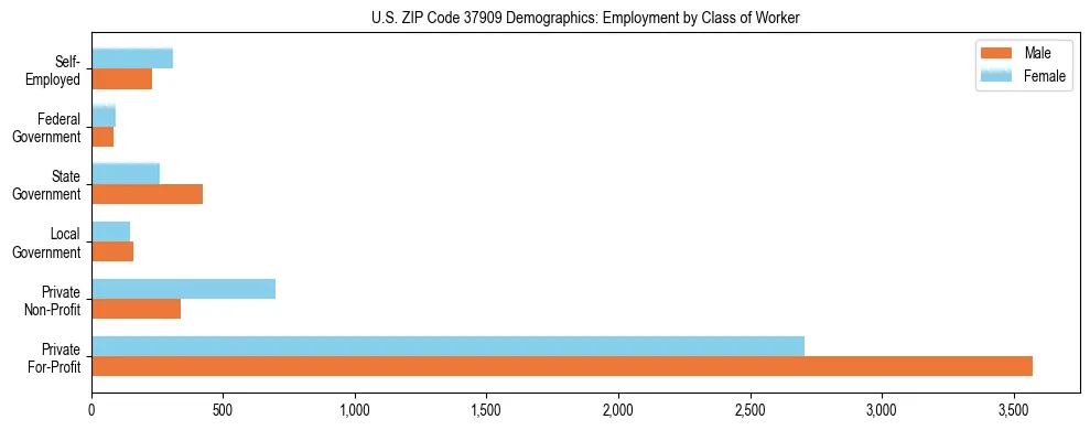 Horizontal bar chart showing employment distribution by class of worker and gender in US ZIP Code 37909, based on 2023 ACS data.