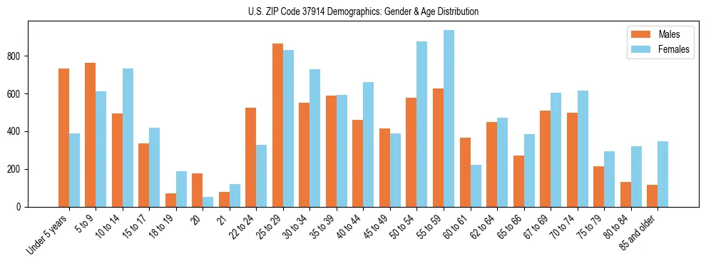 Bar chart showing the population distribution of US ZIP Code 37914 by age group and gender, based on 2023 ACS data.