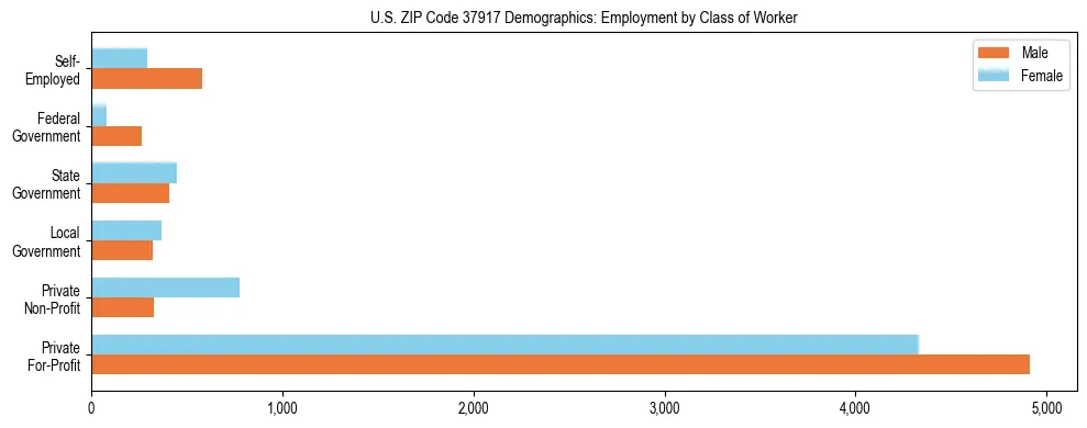 Horizontal bar chart showing employment distribution by class of worker and gender in US ZIP Code 37917, based on 2023 ACS data.