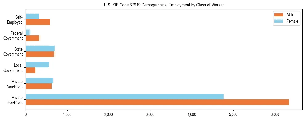 Horizontal bar chart showing employment distribution by class of worker and gender in US ZIP Code 37919, based on 2023 ACS data.