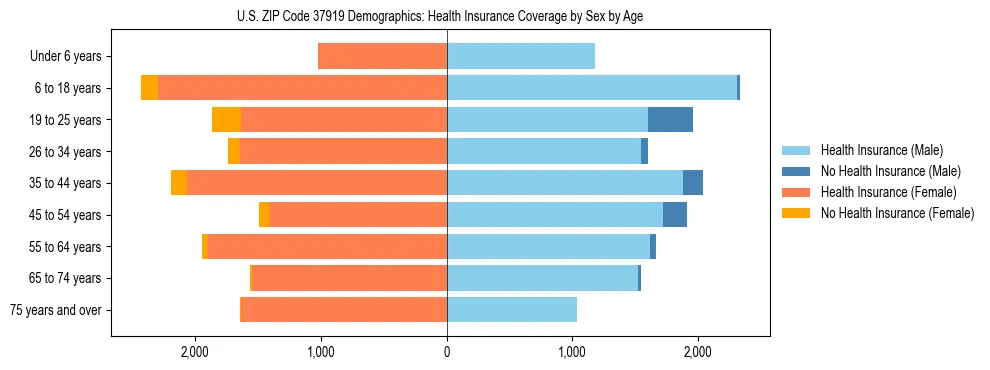 Pyramid chart showing health insurance coverage by age and sex in US ZIP Code 37919.