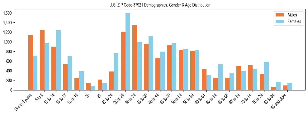 Bar chart showing the population distribution of US ZIP Code 37921 by age group and gender, based on 2023 ACS data.