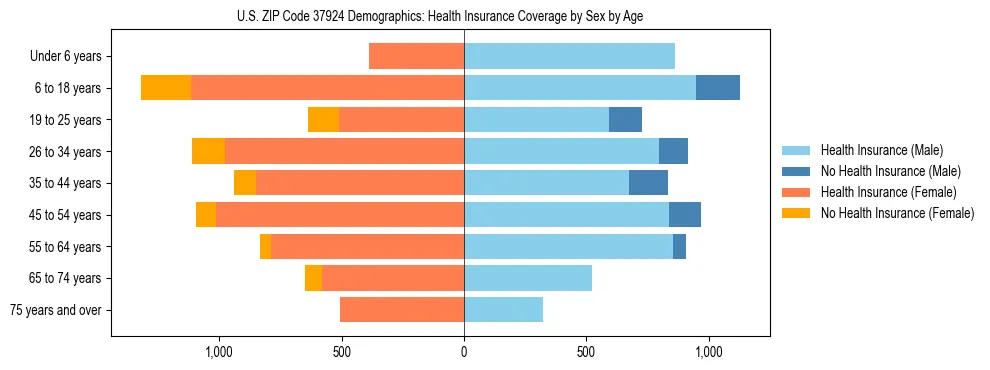 Pyramid chart showing health insurance coverage by age and sex in US ZIP Code 37924.