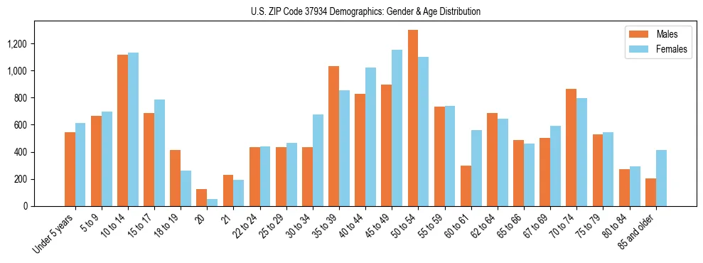 Bar chart showing the population distribution of US ZIP Code 37934 by age group and gender, based on 2023 ACS data.