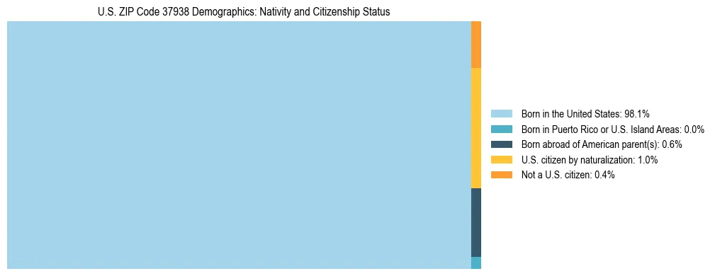 Treemap showing the population distribution by nativity and citizenship status in US ZIP Code 37938 based on U.S. Census data.