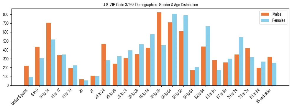 Bar chart showing the population distribution of US ZIP Code 37938 by age group and gender, based on 2023 ACS data.