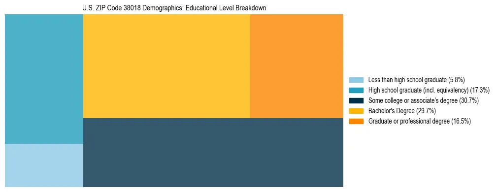 Treemap chart illustrating the educational attainment breakdown for population 25 years and over in US ZIP Code 38018.