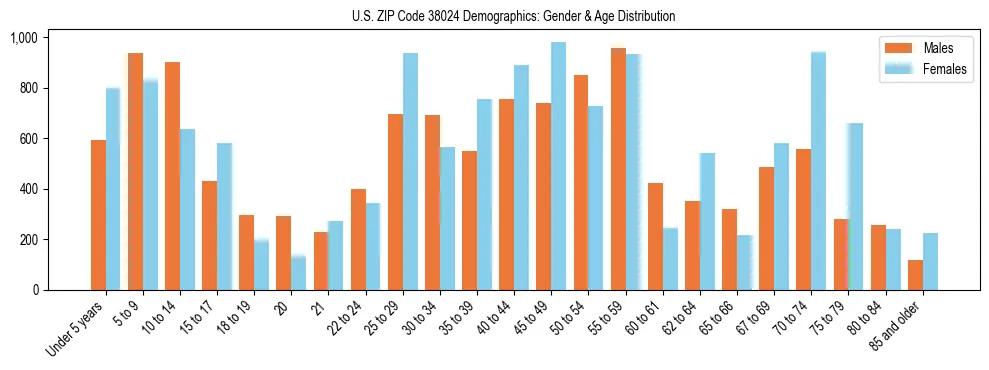 Bar chart showing the population distribution of US ZIP Code 38024 by age group and gender, based on 2023 ACS data.