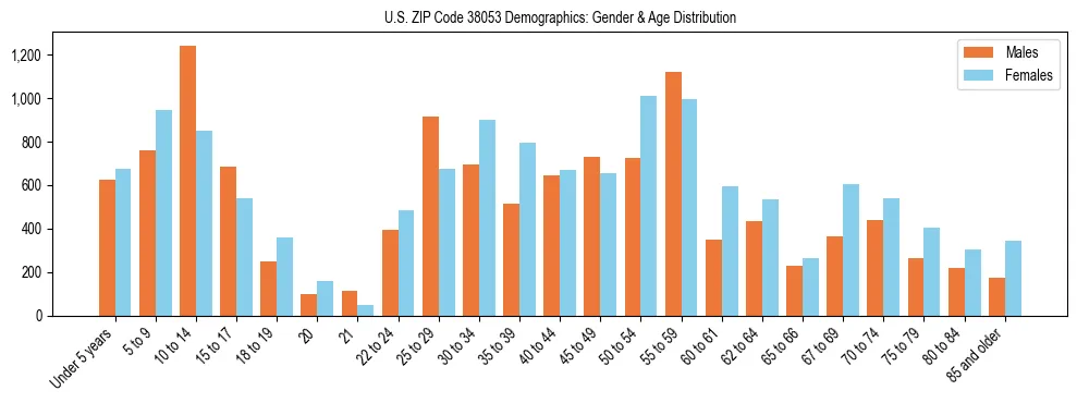Bar chart showing the population distribution of US ZIP Code 38053 by age group and gender, based on 2023 ACS data.
