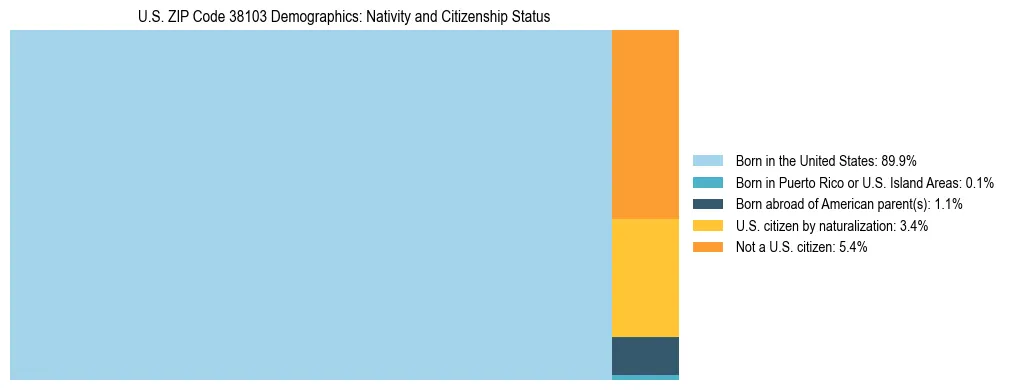 Treemap showing the population distribution by nativity and citizenship status in US ZIP Code 38103 based on U.S. Census data.