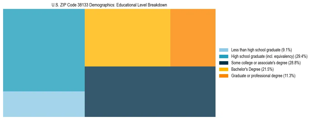 Treemap chart illustrating the educational attainment breakdown for population 25 years and over in US ZIP Code 38133.