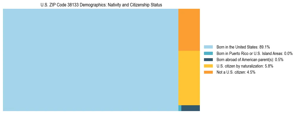 Treemap showing the population distribution by nativity and citizenship status in US ZIP Code 38133 based on U.S. Census data.