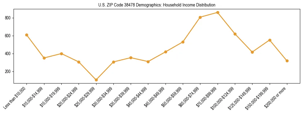 Horizontal bar chart showing household income distribution in US ZIP Code 38478.