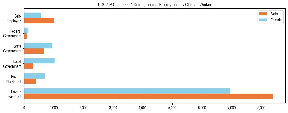 Horizontal bar chart showing employment distribution by class of worker and gender in US ZIP Code 38501, based on 2023 ACS data.