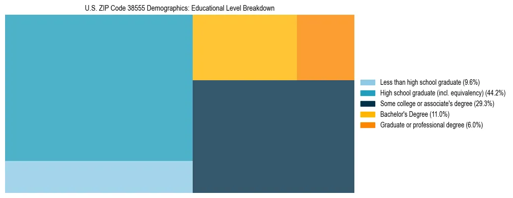 Treemap chart illustrating the educational attainment breakdown for population 25 years and over in US ZIP Code 38555.