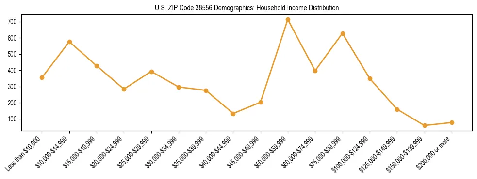 Horizontal bar chart showing household income distribution in US ZIP Code 38556.