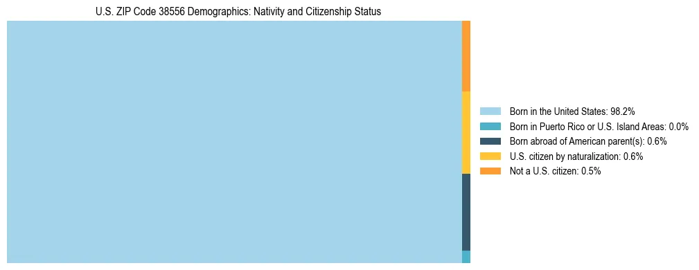 Treemap showing the population distribution by nativity and citizenship status in US ZIP Code 38556 based on U.S. Census data.