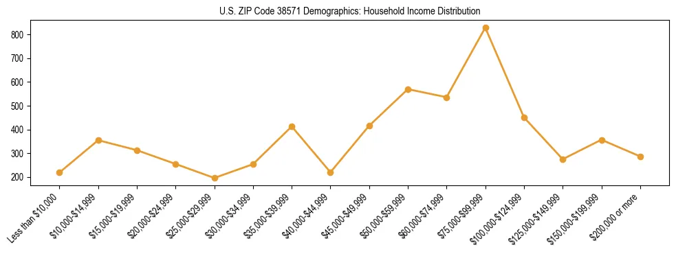 Horizontal bar chart showing household income distribution in US ZIP Code 38571.