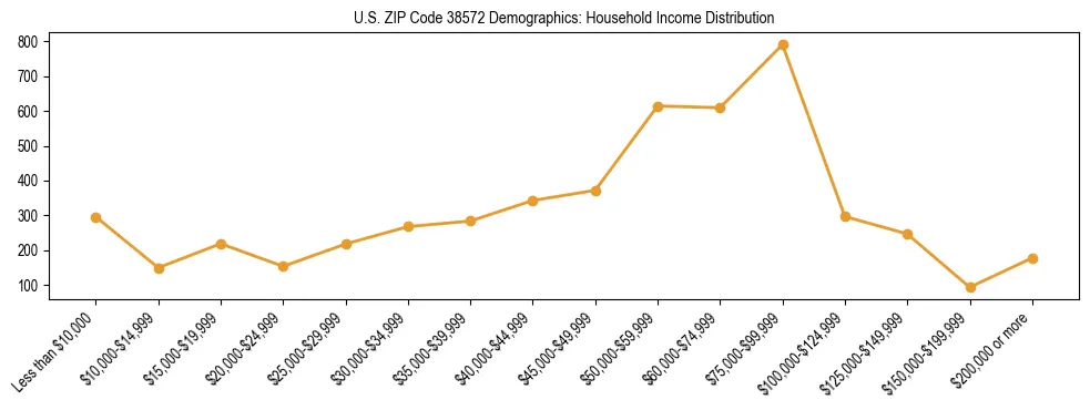 Horizontal bar chart showing household income distribution in US ZIP Code 38572.
