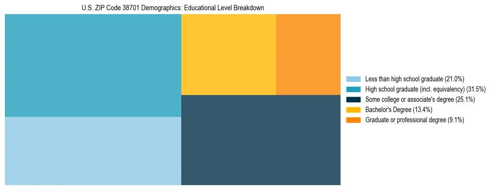 Treemap chart illustrating the educational attainment breakdown for population 25 years and over in US ZIP Code 38701.