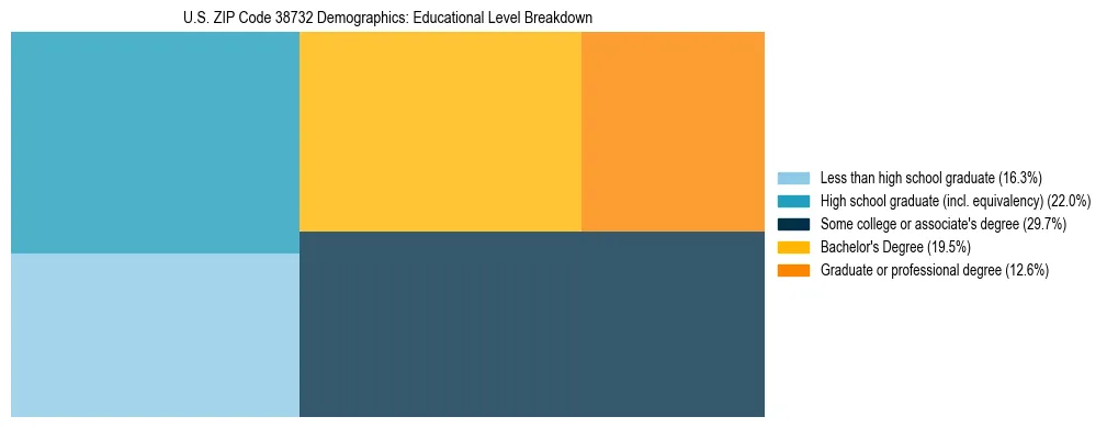 Treemap chart illustrating the educational attainment breakdown for population 25 years and over in US ZIP Code 38732.
