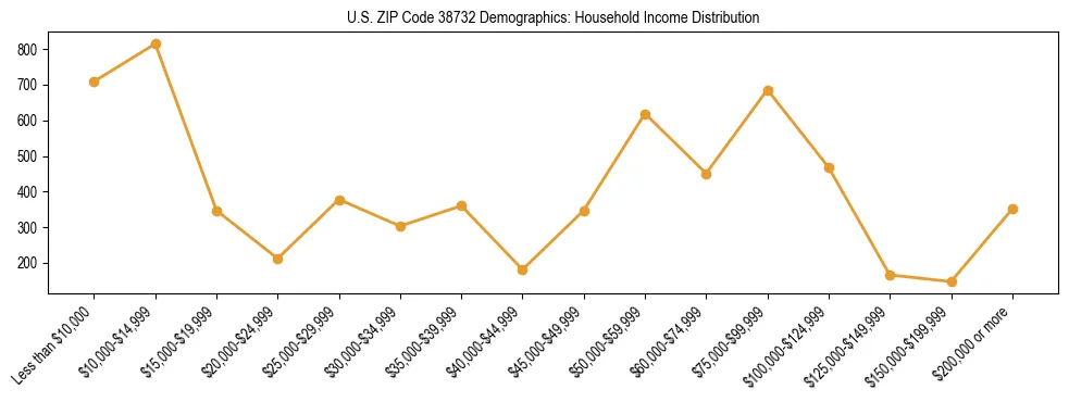 Horizontal bar chart showing household income distribution in US ZIP Code 38732.