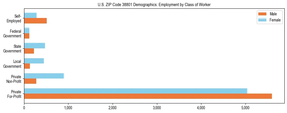 Horizontal bar chart showing employment distribution by class of worker and gender in US ZIP Code 38801, based on 2023 ACS data.
