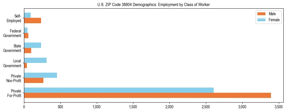 Horizontal bar chart showing employment distribution by class of worker and gender in US ZIP Code 38804, based on 2023 ACS data.