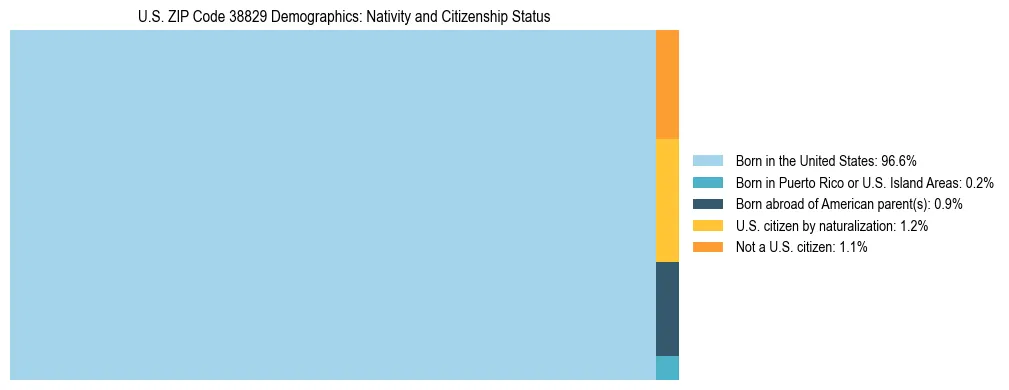 Treemap showing the population distribution by nativity and citizenship status in US ZIP Code 38829 based on U.S. Census data.