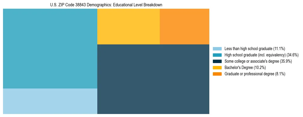 Treemap chart illustrating the educational attainment breakdown for population 25 years and over in US ZIP Code 38843.
