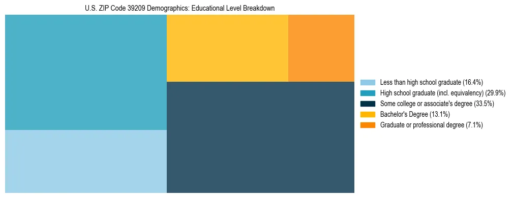 Treemap chart illustrating the educational attainment breakdown for population 25 years and over in US ZIP Code 39209.