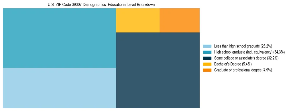 Treemap chart illustrating the educational attainment breakdown for population 25 years and over in US ZIP Code 39307.