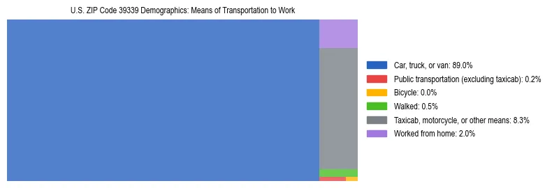 Treemap showing means of transportation to work distribution in US ZIP Code 39339.