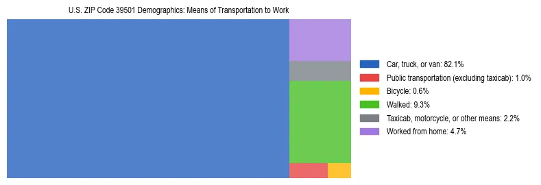Treemap showing means of transportation to work distribution in US ZIP Code 39501.
