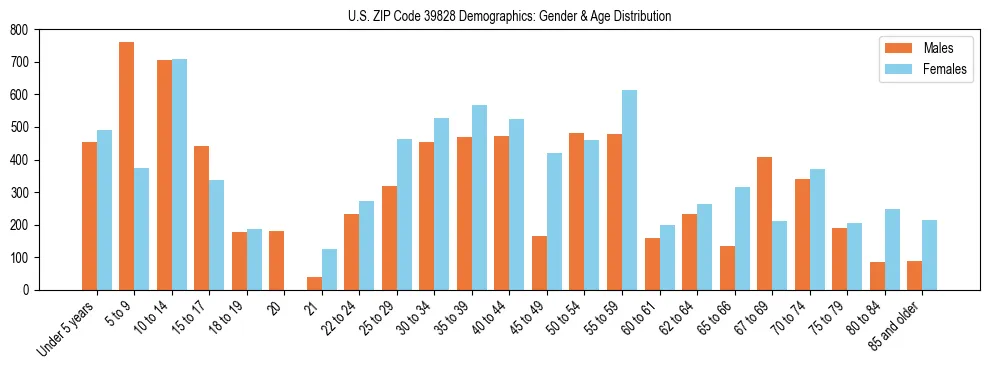 Bar chart showing the population distribution of US ZIP Code 39828 by age group and gender, based on 2023 ACS data.