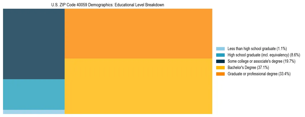 Treemap chart illustrating the educational attainment breakdown for population 25 years and over in US ZIP Code 40059.