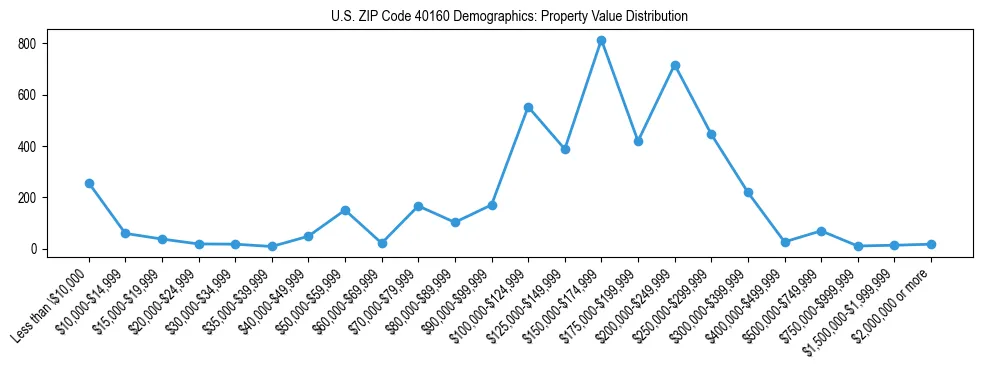 Line chart showing the distribution of property values for owner-occupied housing units in US ZIP Code 40160.