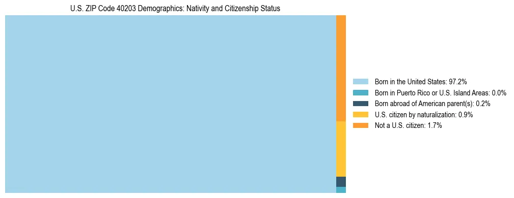 Treemap showing the population distribution by nativity and citizenship status in US ZIP Code 40203 based on U.S. Census data.