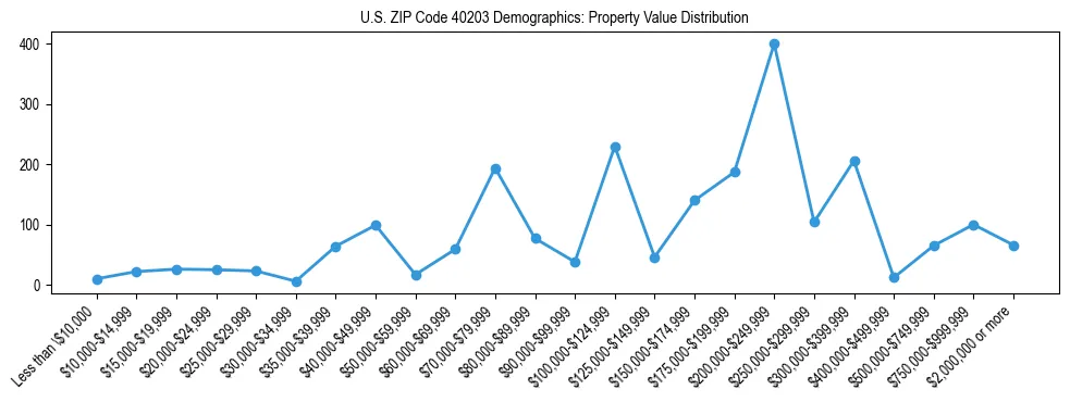 Line chart showing the distribution of property values for owner-occupied housing units in US ZIP Code 40203.