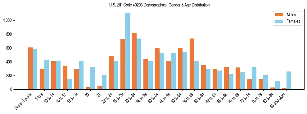 Bar chart showing the population distribution of US ZIP Code 40203 by age group and gender, based on 2023 ACS data.
