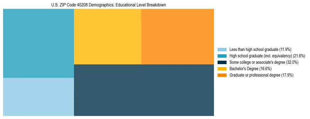 Treemap chart illustrating the educational attainment breakdown for population 25 years and over in US ZIP Code 40208.