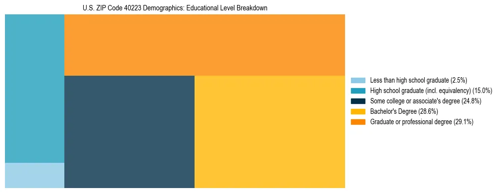 Treemap chart illustrating the educational attainment breakdown for population 25 years and over in US ZIP Code 40223.
