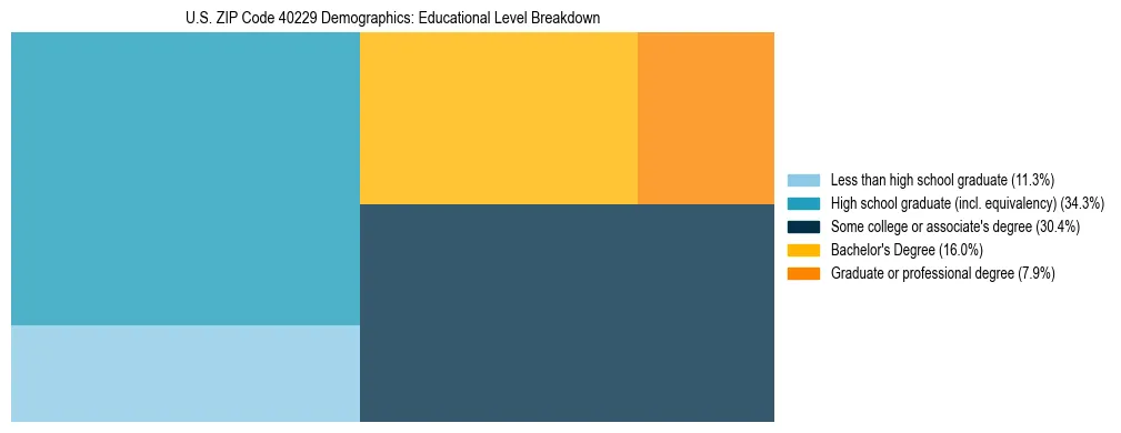 Treemap chart illustrating the educational attainment breakdown for population 25 years and over in US ZIP Code 40229.