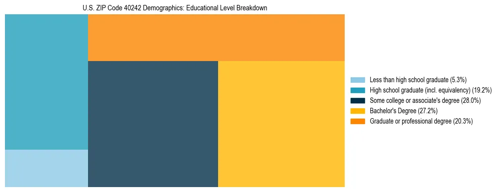 Treemap chart illustrating the educational attainment breakdown for population 25 years and over in US ZIP Code 40242.