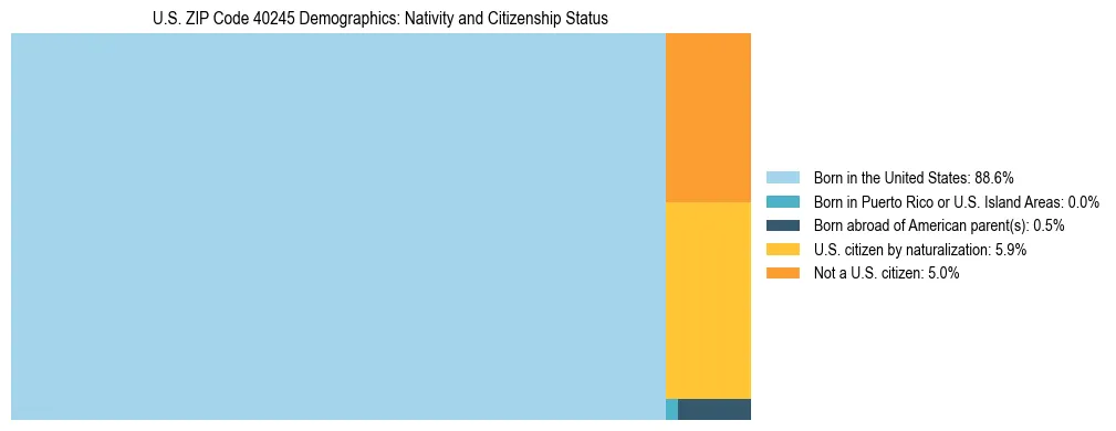 Treemap showing the population distribution by nativity and citizenship status in US ZIP Code 40245 based on U.S. Census data.