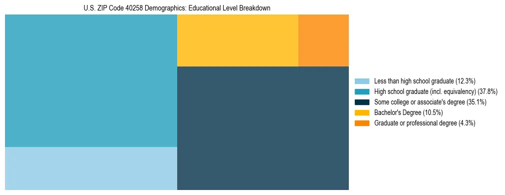 Treemap chart illustrating the educational attainment breakdown for population 25 years and over in US ZIP Code 40258.